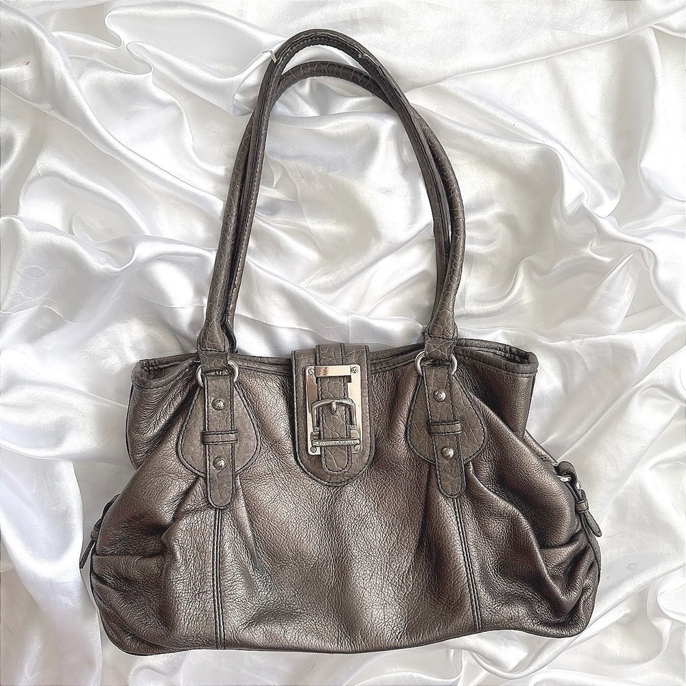Etienne Aigner Metallic Bronze Leather Shoulder Bag Buckle Tote Medium